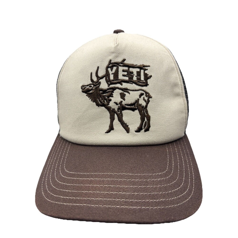 YETI Coolers Elk Antler Trucker Hat Tan Brown Snapback Mesh Cap Hunting Fishing